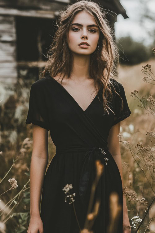 a woman wears a black V neck wedding guest dress with short sleeves