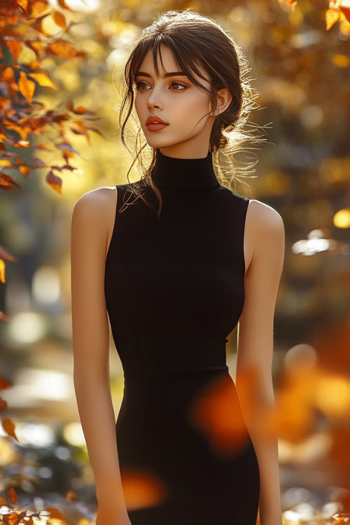 a woman wears a black high-neck wedding guest dress with a sleeveless design