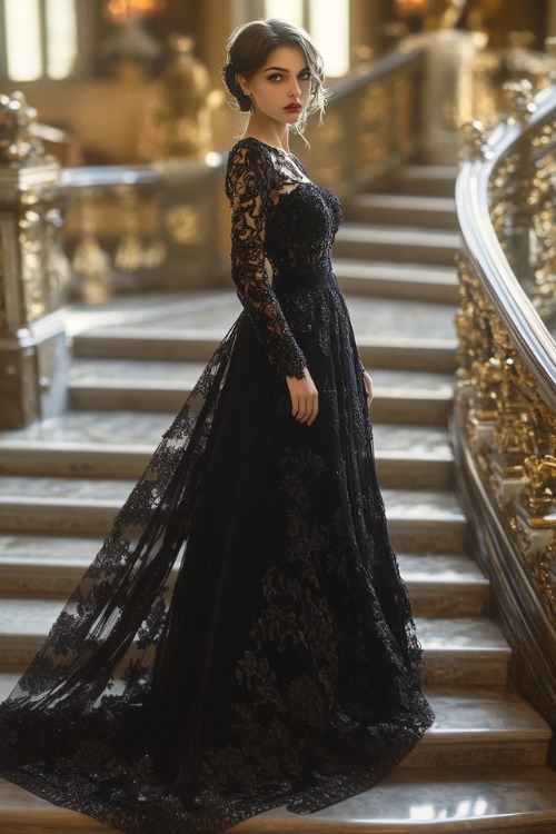 a woman wears a black lace wedding guest dress with sheer sleeves