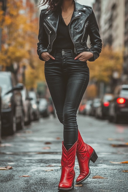 a woman wears a black leather jacket, a black shirt, dark jeans and red cowboy boots