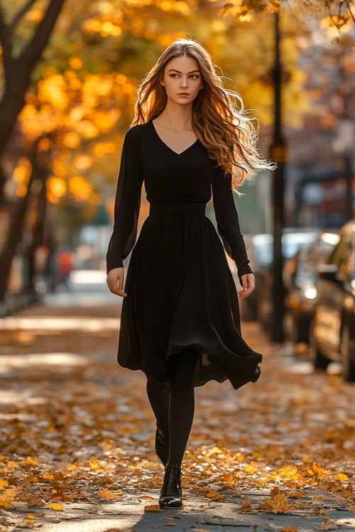 a woman wears a black long-sleeve wedding guest dress with black pumps