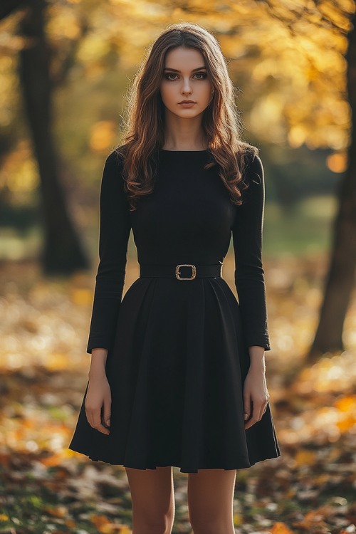 a woman wears a black mini wedding guest dress with long sleeves