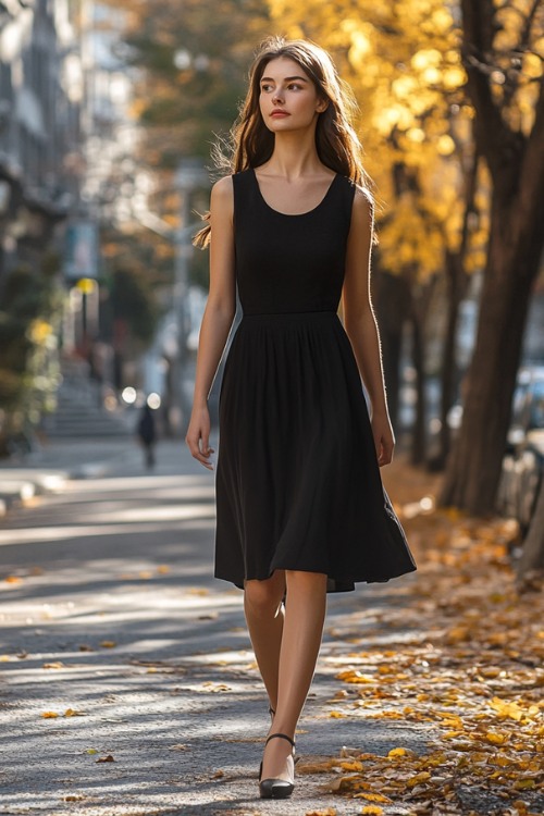 a woman wears a black sleeveless wedding guest dress with black heels