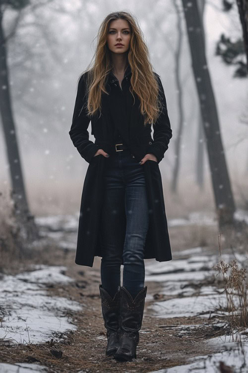 a woman wears a black trench coat, black shirt, jeans and black cowboy boots