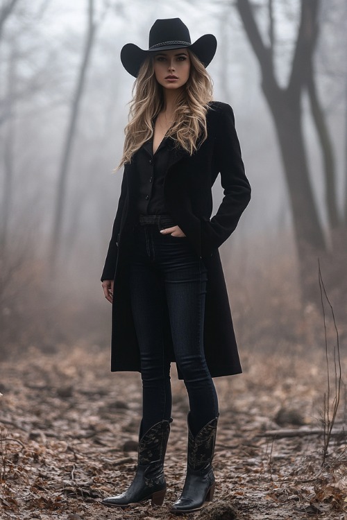 a woman wears a black trench coat, dark jeans and black cowboy boots