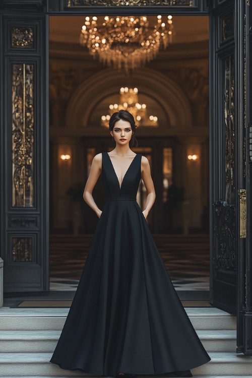 a woman wears a black wedding guest dress with a V neckline (2)