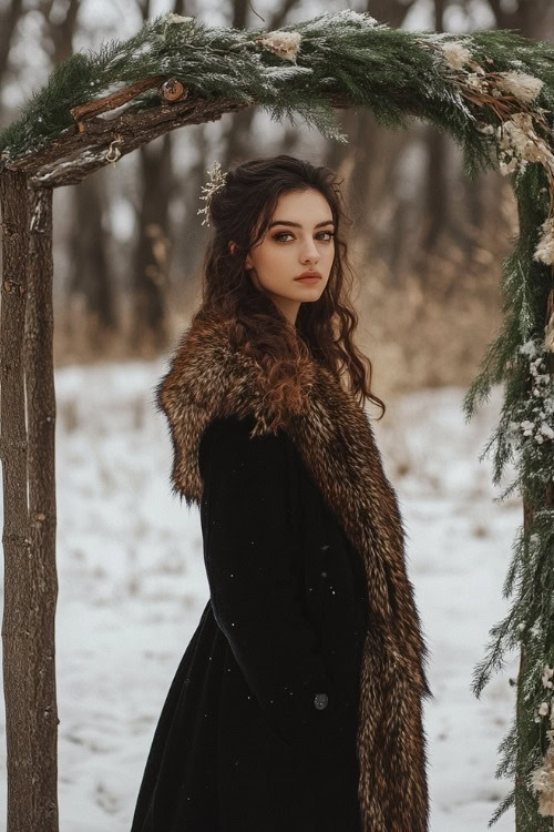 a woman wears a black wedding guest dress with a fur stole