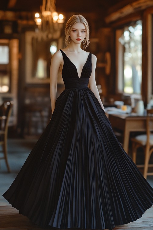 a woman wears a black wedding guest dress with a pleated skirt