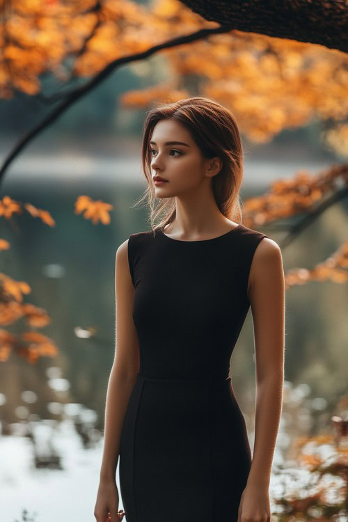 a woman wears a black wedding guest dress with a sleeveless style