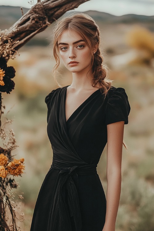 a woman wears a black wrap wedding guest dress with puff sleeves