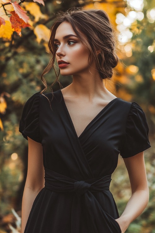 a woman wears a black wrap wedding guest dress with short sleeves