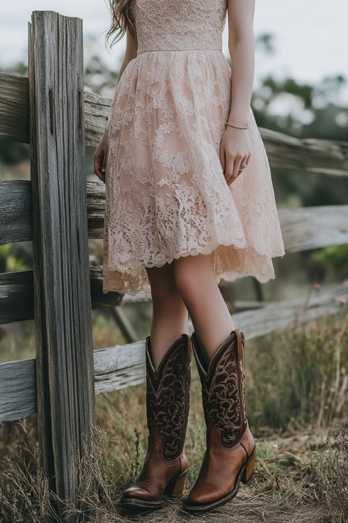 a woman wears a blush pink lace dress and brown cowboy boots