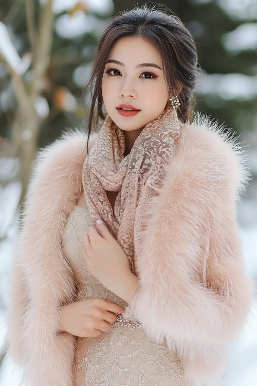 a woman wears a blush wedding guest dress with a lace scarf and a fur coat