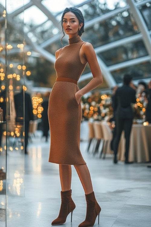 a woman wears a brown high-neck sleeveless wedding guest dress and brown heeled ankle boots