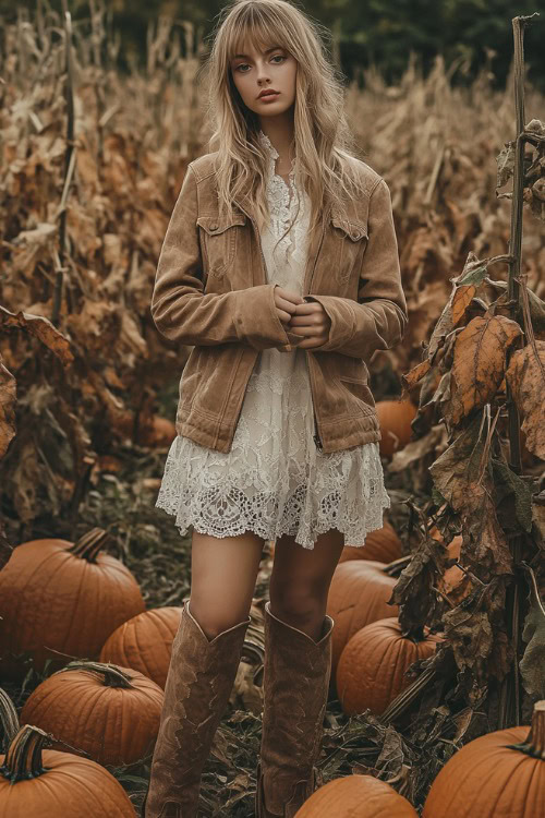 a woman wears a brown jacket, white lace dress and brown cowboy boots