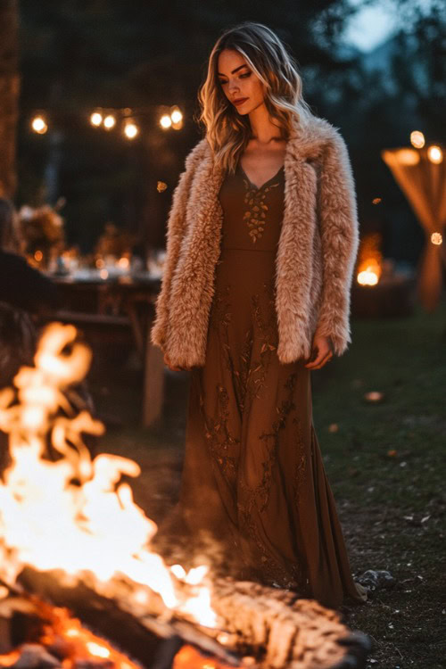 a woman wears a brown wedding guest dress with a brown fur coat