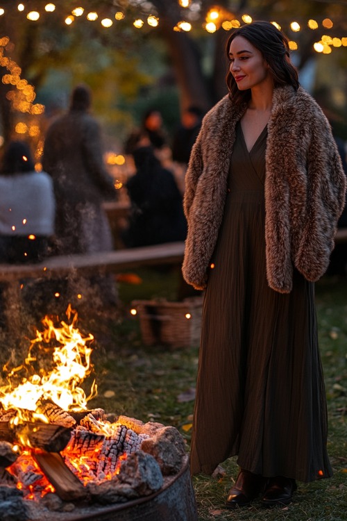 a woman wears a brown wedding guest dress with a matching fur coat