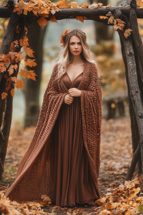 a woman wears a brown wedding guest dress with a matching knit shawl (2)