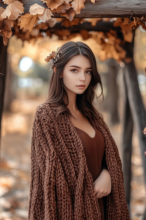 a woman wears a brown wedding guest dress with a matching knit shawl