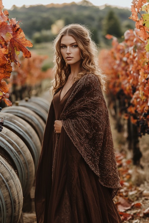 a woman wears a brown wedding guest dress with a matching patterned shawl