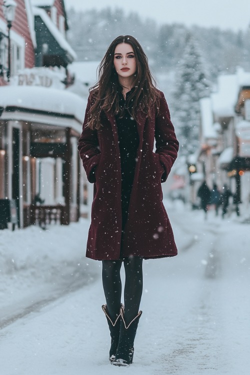 a woman wears a burgundy coat, black shirt, leggings and black cowboy boots