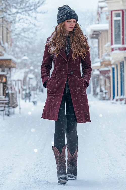 a woman wears a burgundy coat, dark jeans and brown cowboy boots (2)