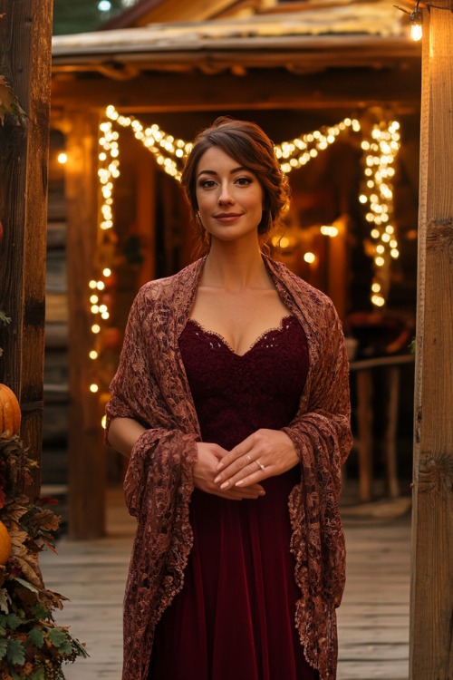 a woman wears a burgundy wedding guest dress with a brown lace shawl