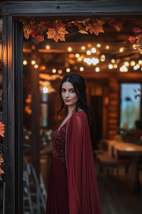 a woman wears a burgundy wedding guest dress with a matching shawl