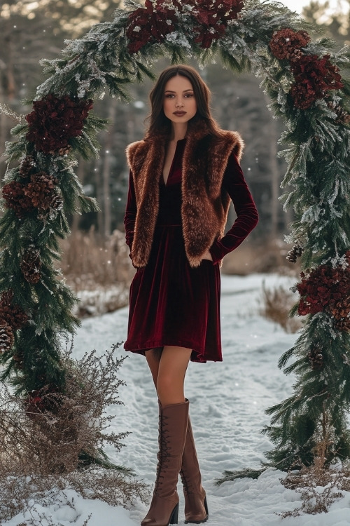 a woman wears a burgundy wedding guest dress with a short brown fur vest and brown boots