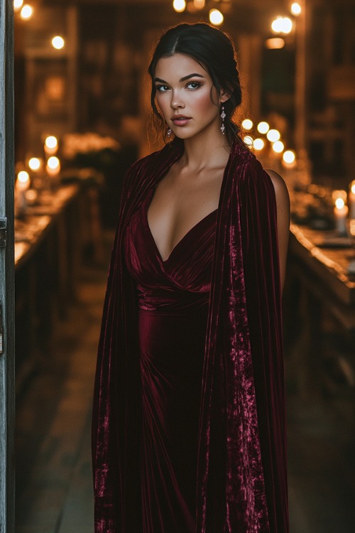 a woman wears a burgundy wedding guest dress with a velvet shawl