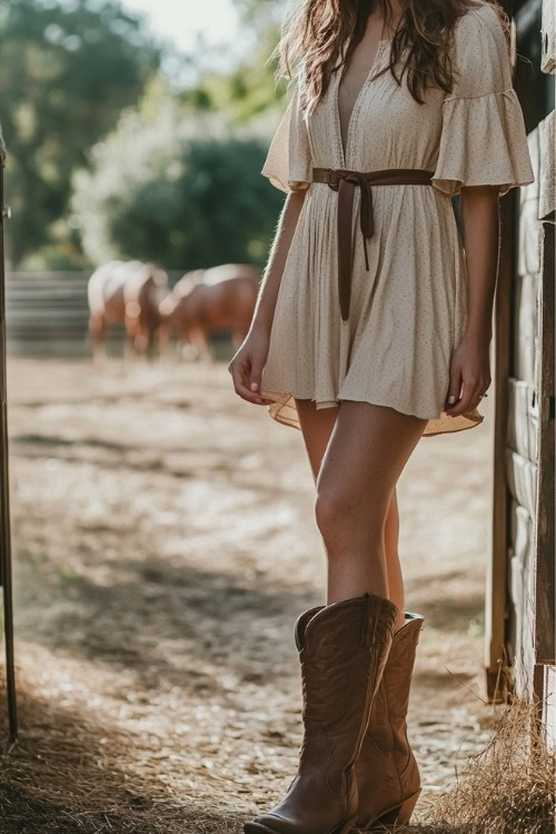 a woman wears a cream mini dress and brown cowboy boots