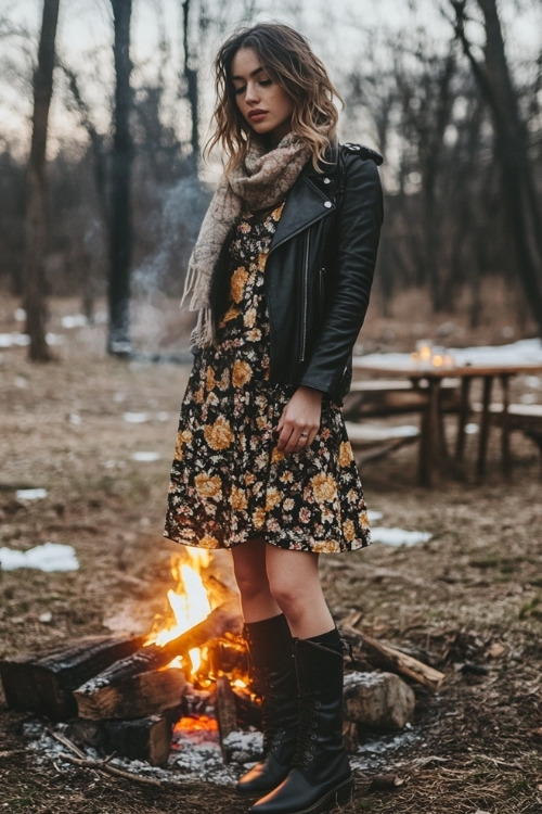 a woman wears a dark floral mini wedding guest dress with a black leather coat and black boots