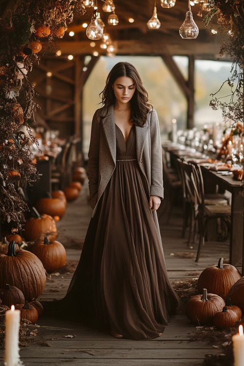 a woman wears a dark gray wedding guest dress with a gray coat