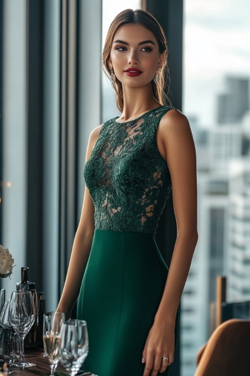 a woman wears a dark green sleeveless wedding guest dress with a lace bodice