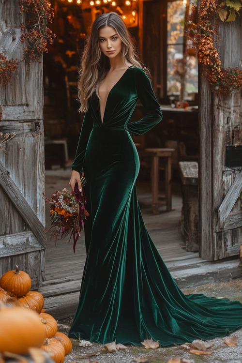 a woman wears a dark green velvet wedding guest dress with long sleeves