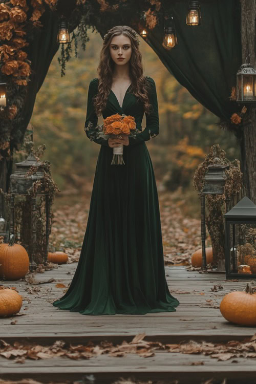 a woman wears a dark green wedding guest dress with long sleeves