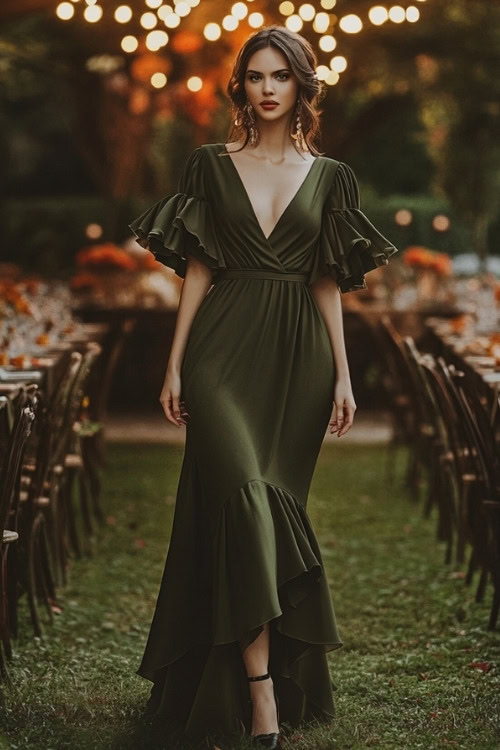 a woman wears a dark green wedding guest dress with ruffle sleeves