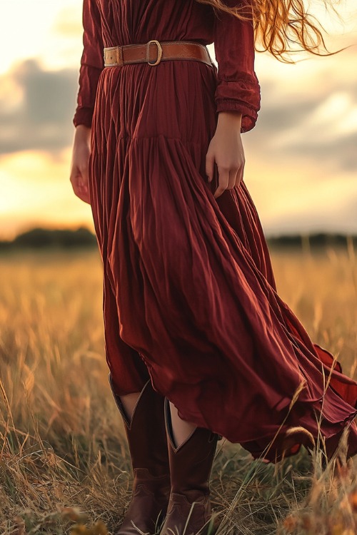 a woman wears a dark red dress and brown cowboy boots