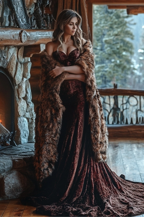 a woman wears a dark strapess wedding guest dress with a long fur shawl