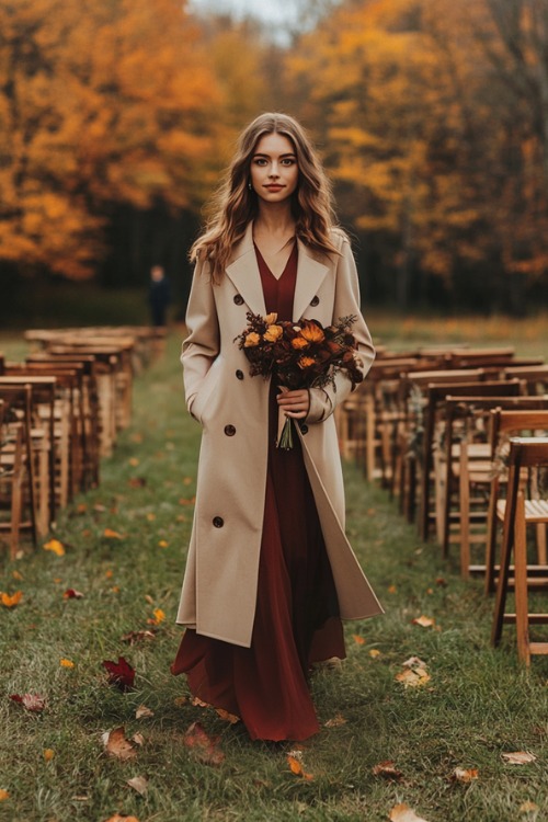 a woman wears a deep red wedding guest dress with a beige coat