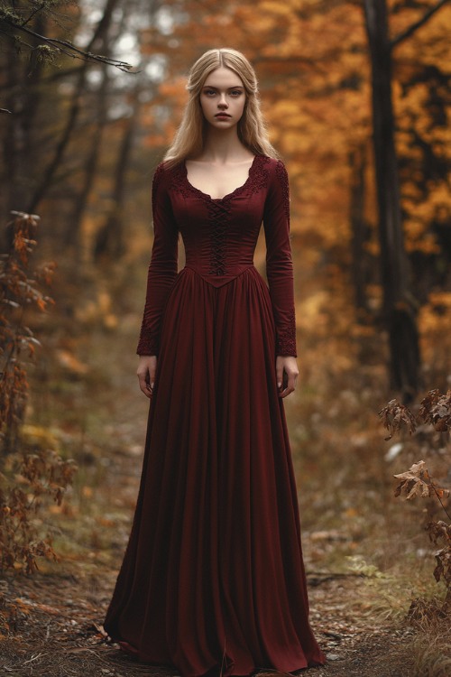 a woman wears a deep red wedding guest dress with long sleeves