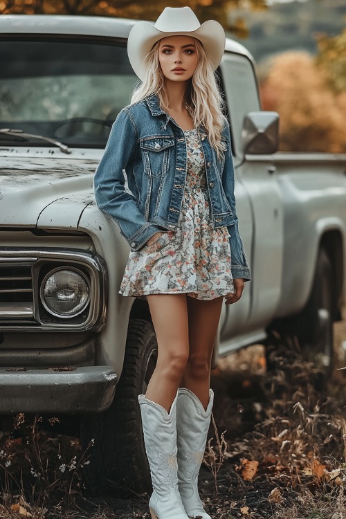 a woman wears a denim jacket, floral dress and white cowboy boots