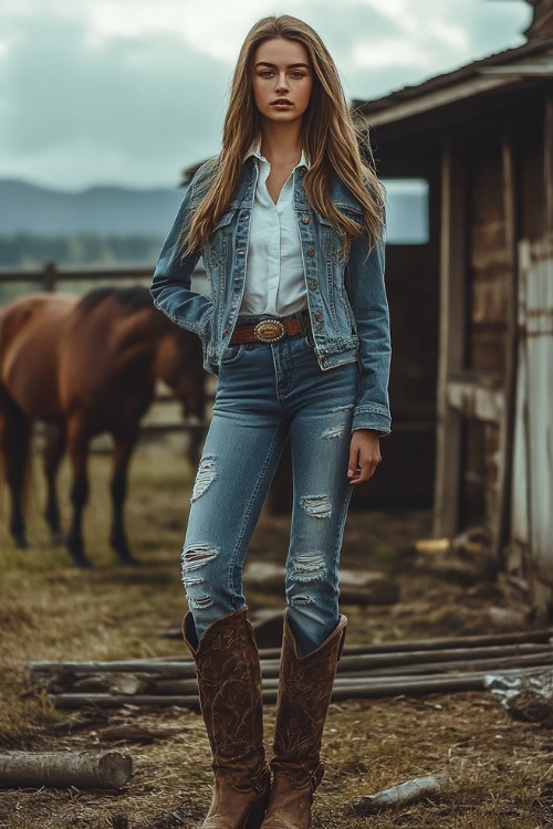 a woman wears a denim jacket, ripped jeans and brown cowboy boots (2)