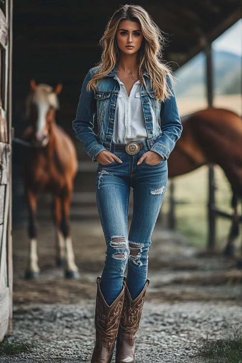 a woman wears a denim jacket, ripped jeans and brown cowboy boots