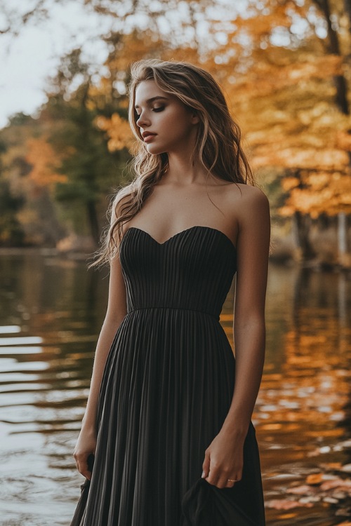 a woman wears a fblack pleated strapless wedding guest dress