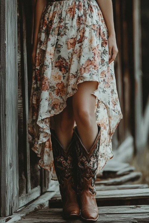 a woman wears a floral dress and brown cowboy boots