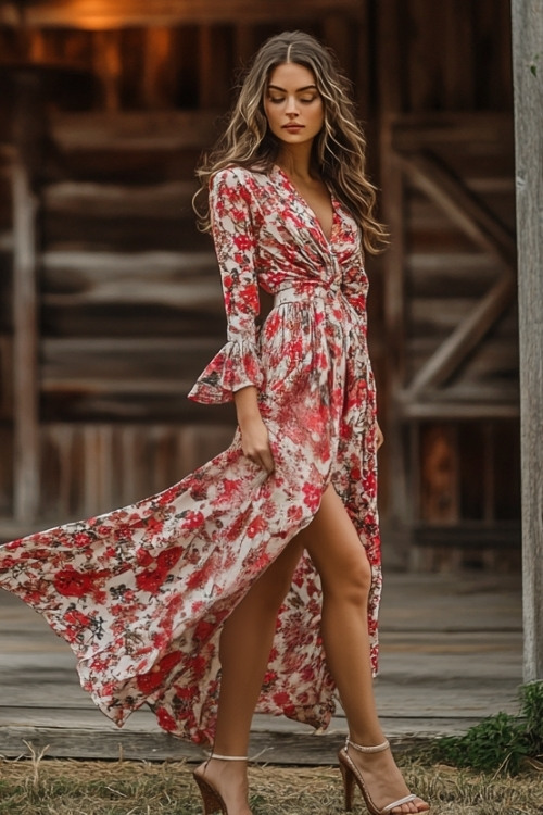 a woman wears a floral wedding guest dress with long sleeves and heels