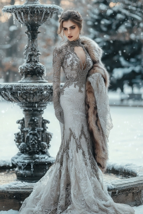 a woman wears a gray lace wedding guest dress with long sleeves and a fur stole