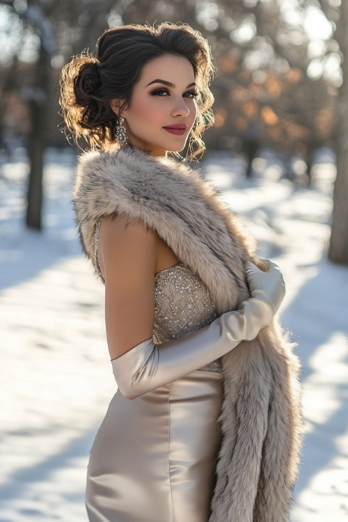 a woman wears a gray satin wedding guest dress with a fur stole and gloves