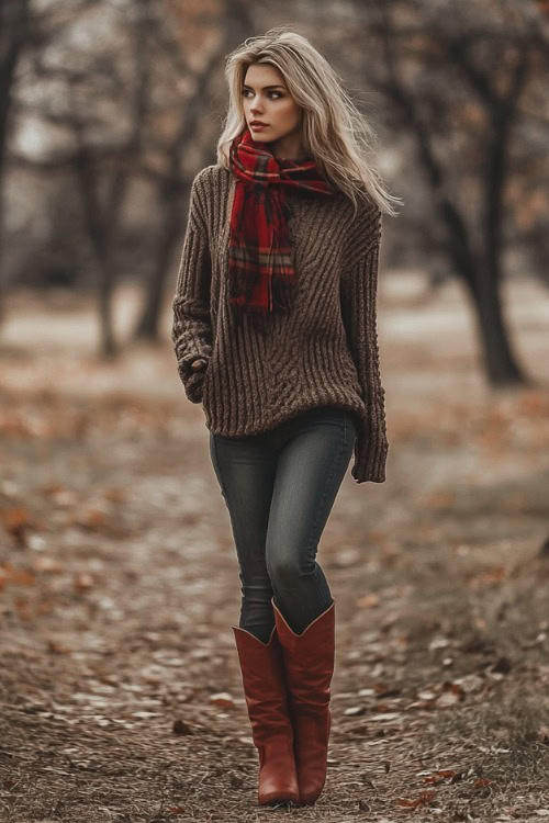 a woman wears a gray sweater, jeans and brown cowboy boots